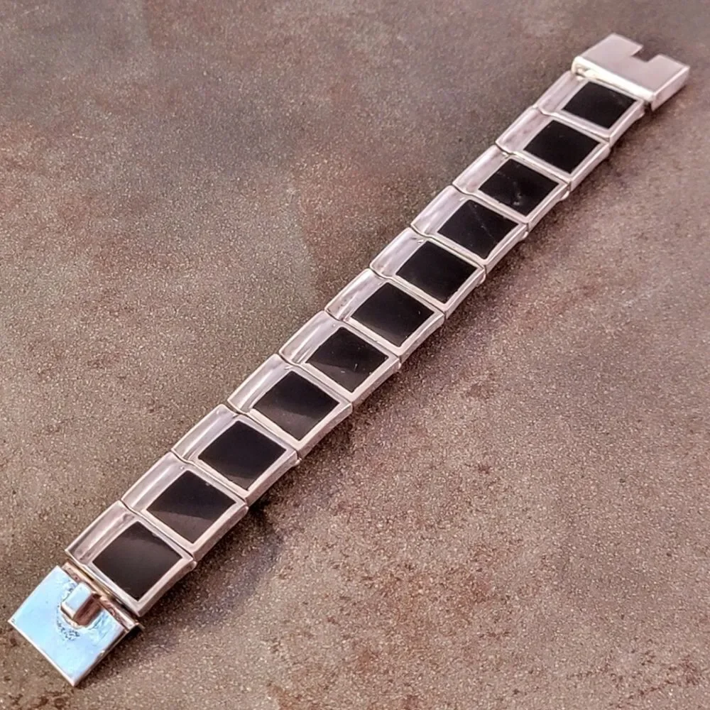 Vintage Taxco Heavy Squares Onyx Sterling Silver Statement Link Bracelet